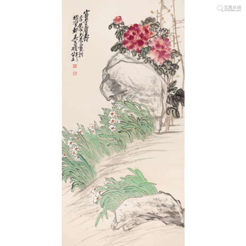 A Chinese Flower Painting Scroll, Wu Changshuo Mark