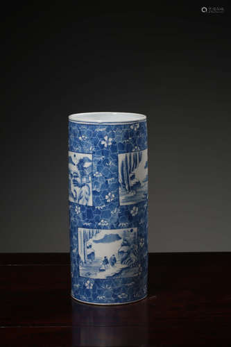 A Chinese Blue and White Landscape Porcelain Brush Pot