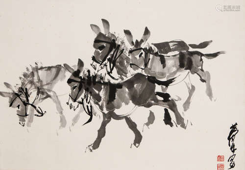 A Chinese 4 Donkey  Ink Painting Scroll, Huang Zhou Mark