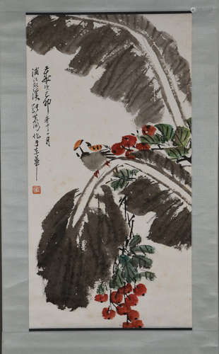 A Chinese Banana leaf&bird Painting, Zhang Shijian Mark