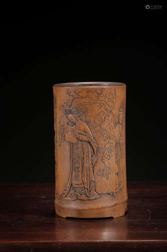 A Chinese Figure Carved Bamboo Brush Pot, Lin Sheng Mark