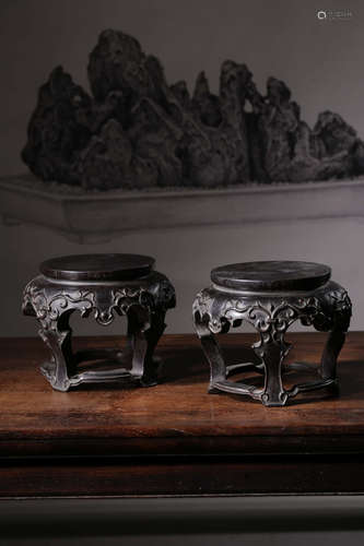 A Pair of Chinese Lobular red Sandalwood Stool-shaped Pedestal