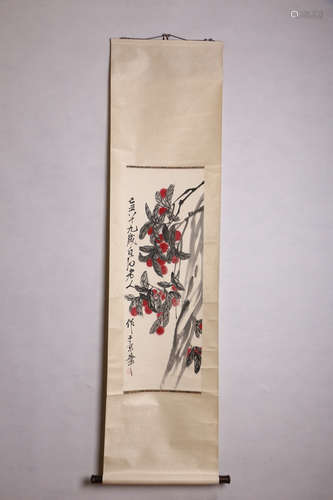 A Chinese Litchi Painting Scroll, Qi Baishi Mark