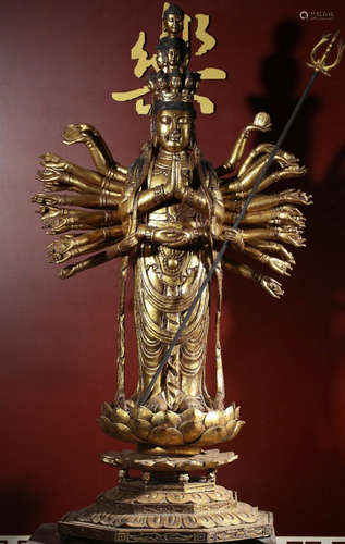 A Chinese Carved Gild Camphorwood Thousand-Hand Kwan-yin  Statue