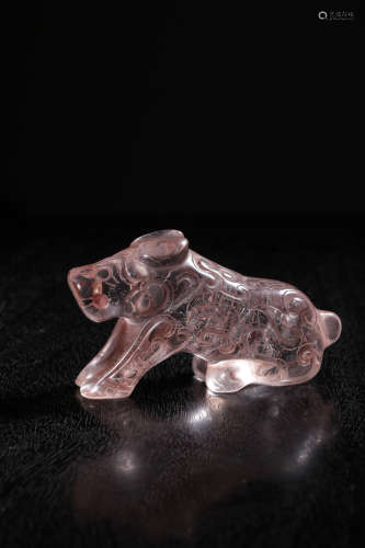 A Chinese Pink Natural Crystal Beast Carved Ornament