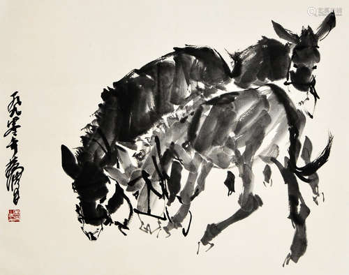 A Chinese Donkey  Ink Painting Scroll, Huang Zhou Mark