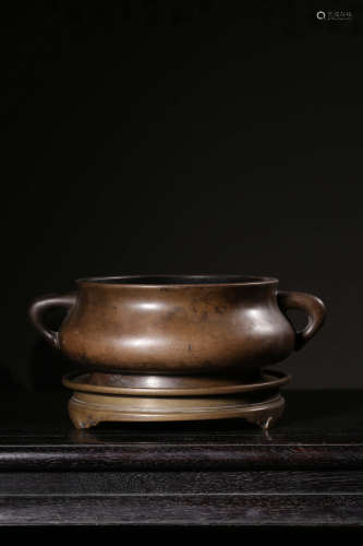 A Chinese Double Ears Copper Incense Burner