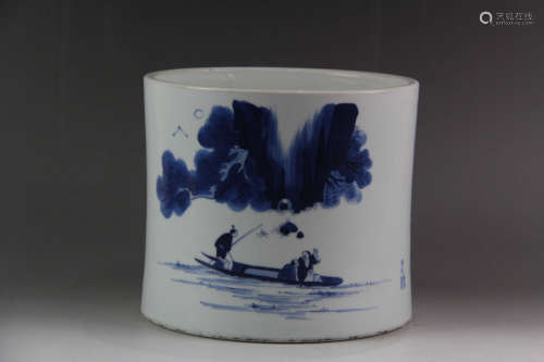 A Chinese Blue and White Landscape Porcelain Brush Pot