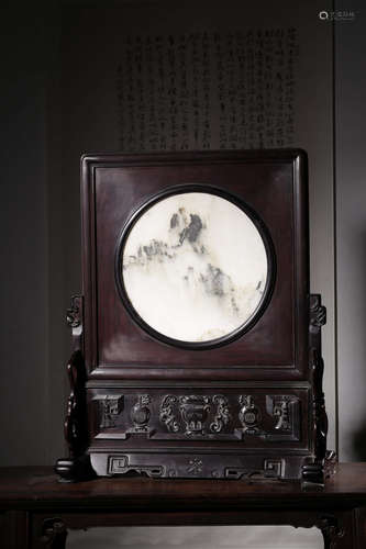 A Chinese Yun Stone Inlaid Carved Rosewood Table Screen