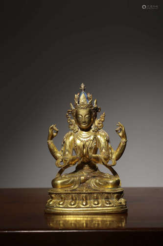 A Chinese Gild Bronze 4 Arms Guanyin Statue