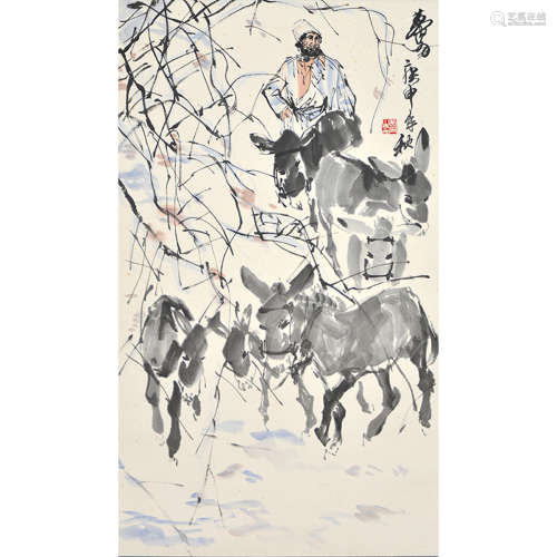 A Chinese Donkey Painting Scroll, Huang Zhou Mark