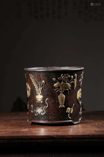 A Chinese Gold Inlaying Copper Round Brush Pot