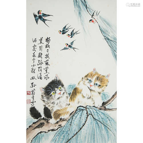 A Chinese Cat Painting Scroll,Sun Jusheng Mark