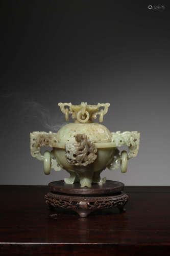 A Chinese Dragon Pattern Hetian Jade Three-legged Incense Burner
