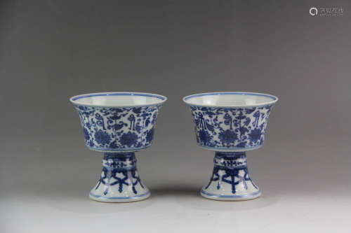 A Pair of Chinese Blue and White Porcelain Standing Cups