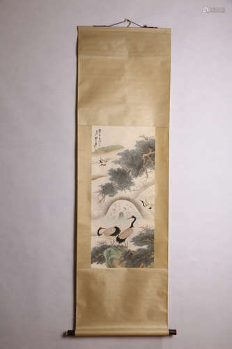 A Chinese red-crowned crane Painting Scroll, Zhang Daqian Mark