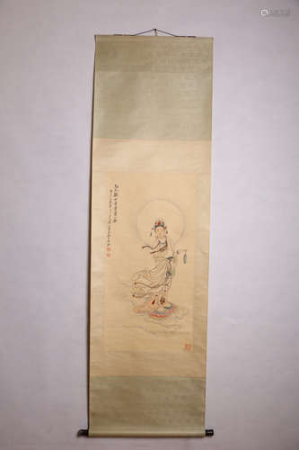 A Chinese Guanyin Painting Scroll, Zhang Daqian Mark