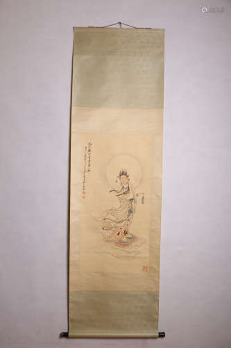A Chinese Guanyin Painting Scroll, Zhang Daqian Mark