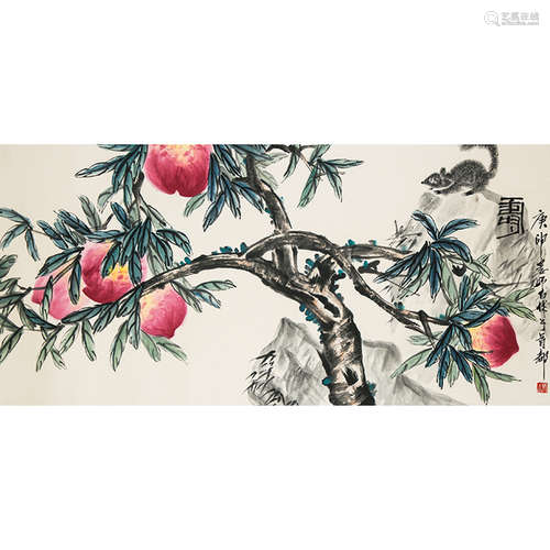 A Chinese Peach Painting, Lou Shibai Mark