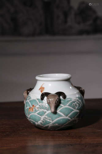 A Chinese Famille Rose Wave Pattern Porcelain Brush Washer