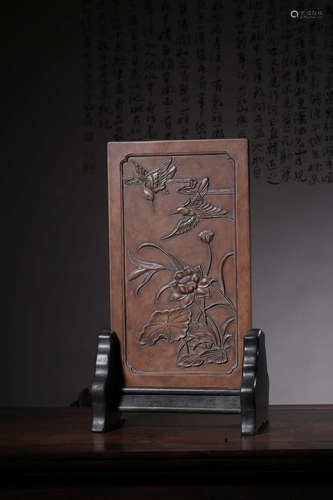 A Chinese Flower&Bird Pattern Carved Tophus Table Screen