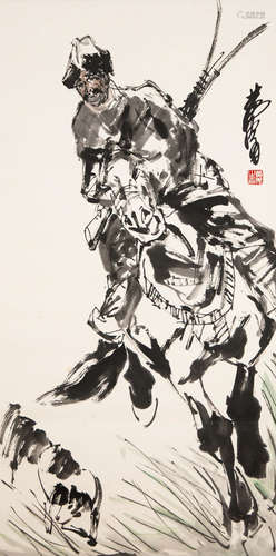 A Chinese Herdsman  Ink Painting Scroll, Huang Zhou Mark