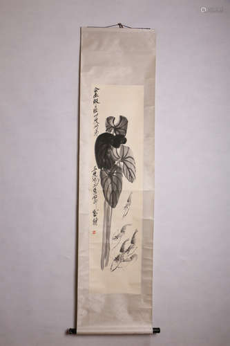 A Chinese Shrimp Painting Scroll, Qi BaishiMark