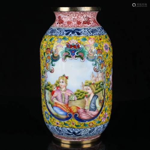 A CHINESE ENAMEL FIGURE PAINTED COPPER …