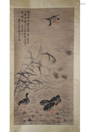 A CHINESE DUCK PAINTING SCROLL, BIAN …