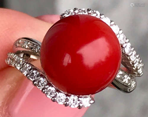 A PLATINUM WITH AKA CORAL DIAMOND RING
