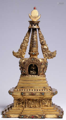 A GILT BRONZE CAST PAGODA