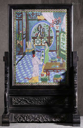 A WOOD&CLOISONNE CARVED SCREEN