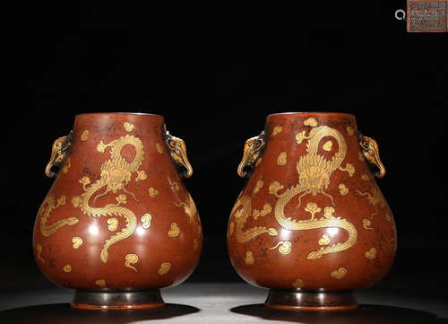 PAIR OF GILT BRONZE CAST DRAGON PATTERN VASES