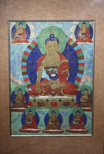 A MINERAL COLOR PAINTED THANGKA OUTLINE IN GOLD