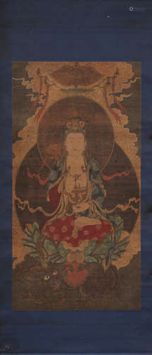 A MINERAL COLOR PAINTED BUDDHA PATTERN THANGKA