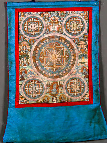 A MINERAL COLOR PAINTED BUDDHA PATTERN THANGKA