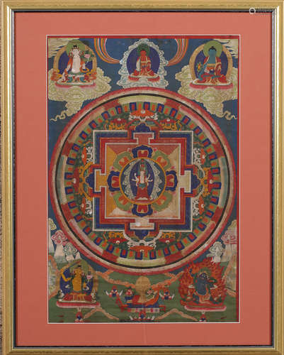 A MINERAL COLOR PAINTED BUDDHA PATTERN THANGKA