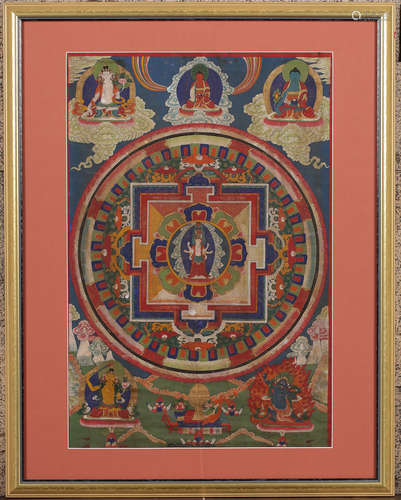 A MINERAL COLOR PAINTED BUDDHA PATTERN THANGKA