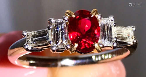 A 18K PLATINUM CAST RUBY DIAMOND RING