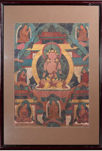 A MINERAL COLOR PAINTED BUDDHA PATTERN THANGKA