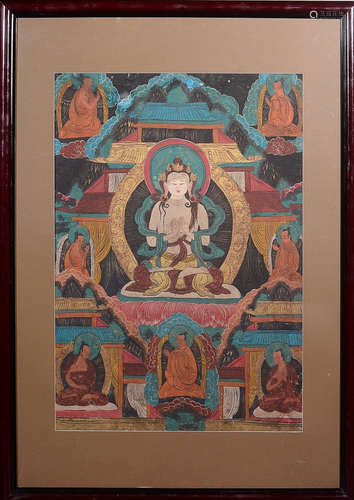 A MINERAL COLOR PAINTED BUDDHA PATTERN THANGKA