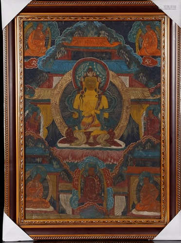 A MINERAL COLOR PAINTED BUDDHA PATTERN THANGKA