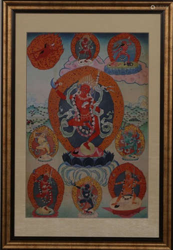 A MINERAL COLOR PAINTED BUDDHA PATTERN THANGKA