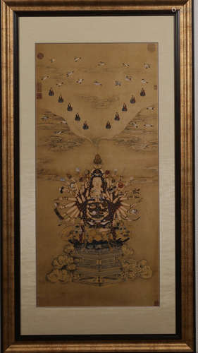 A MINERAL COLOR PAINTED BUDDHA PATTERN THANGKA