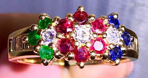 A 18K RUBY SAPPHIRE EMERALD DIAMOND RING