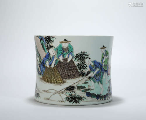 A Qing dynasty Colorful Porcelain  
People Brush Pot