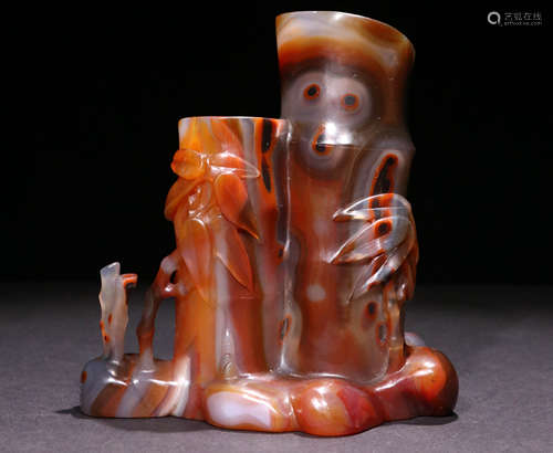 A Qing Dynasty Carved Agate bamboo Pattern Brush Holder