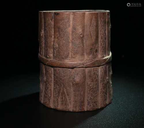 A Qing dynasty Purple Clay Bamboo Patten Brush Holder