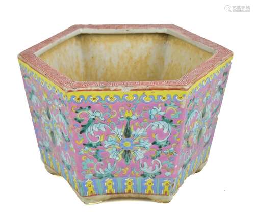 A 20th century Chinese porcelain hexagonal planter with Greek Key border to rim above enamelled