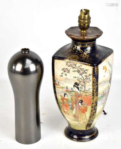 A Japanese Satsuma vase converted to a table lamp, with four panels depicting geisha in landscape,